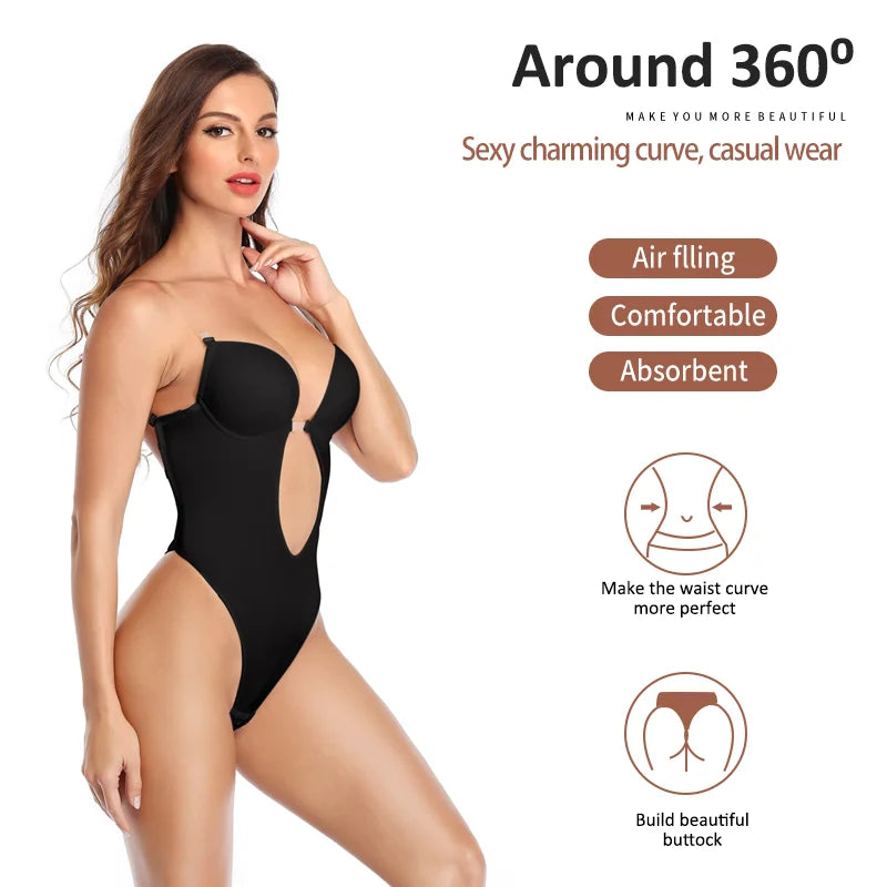 Women U Plunge Backless Bodysuit Shapewear – Deep V-Neck Tummy Control Body Shaper