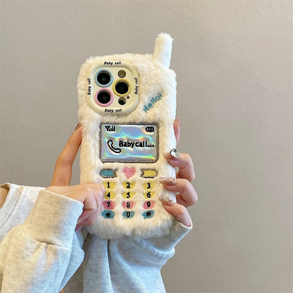 INS Y2K Furry Retro Call Heart Phone Case For iPhone 16 15 14 Pro Max  13 Plus Girl Camera Bracket Winter Silicone Cover