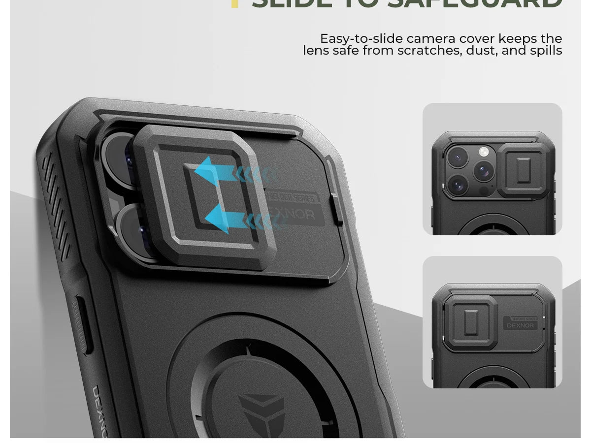 For iPhone 16 Pro Max Rugged Armor Shockproof Case with Built-in Sliding Camera Cover and Built-in Screen Protector Kickstand