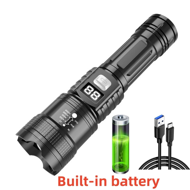 High Power LED Flashlight Rechargeable USB Zoom Torch with Power Display Emergency Camping Light