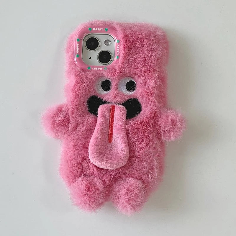 INS Couple Fur Monster Kiss Tongue Case For iPhone 16 15 14 13 Pro Max Korea Cute Cartoon Gift Anti-Drop Soft Back Cover