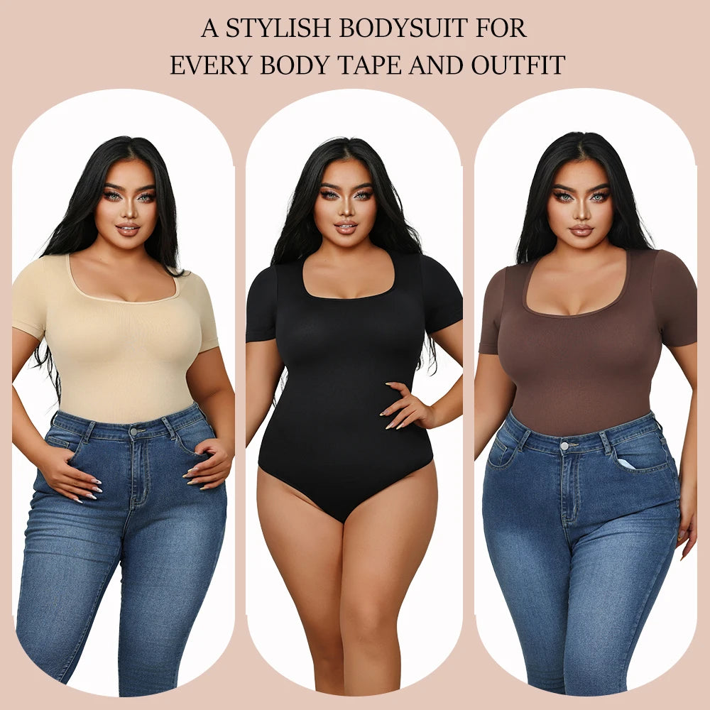 Square Neck Short Sleeve Bodysuit for Women – Full Body Control Shapewear