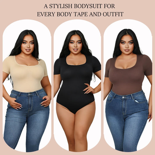 Square Neck Short Sleeve Bodysuit for Women – Full Body Control Shapewear
