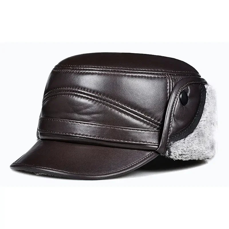 Winter High Quality Genuine Leather Hats Cowhide Keep Warm Earmuffs Bomber Caps Plus Velvet Thicken Man Bone Caps