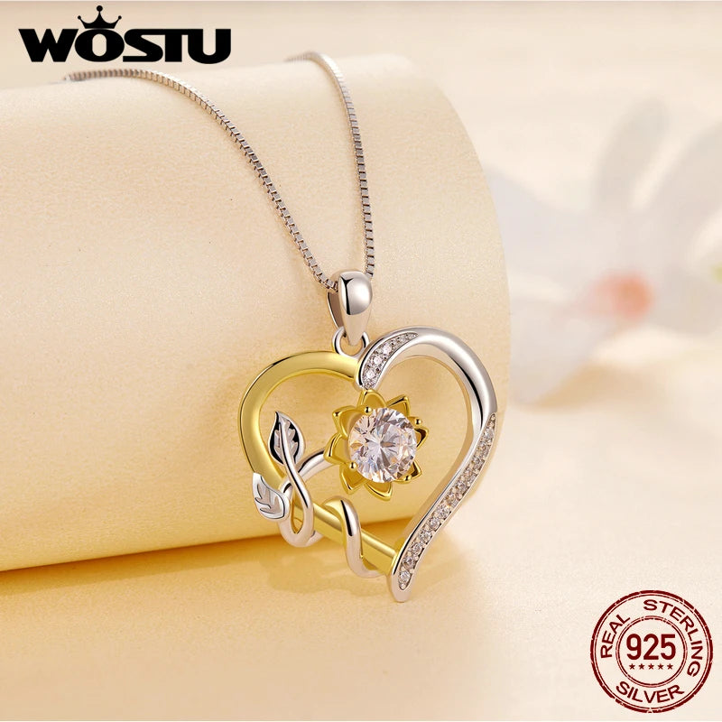 1.0 CT D Moissanite Heart Shape Sunflower Charm Necklace for Women Double Color Yellow Gold 925 Silver Links