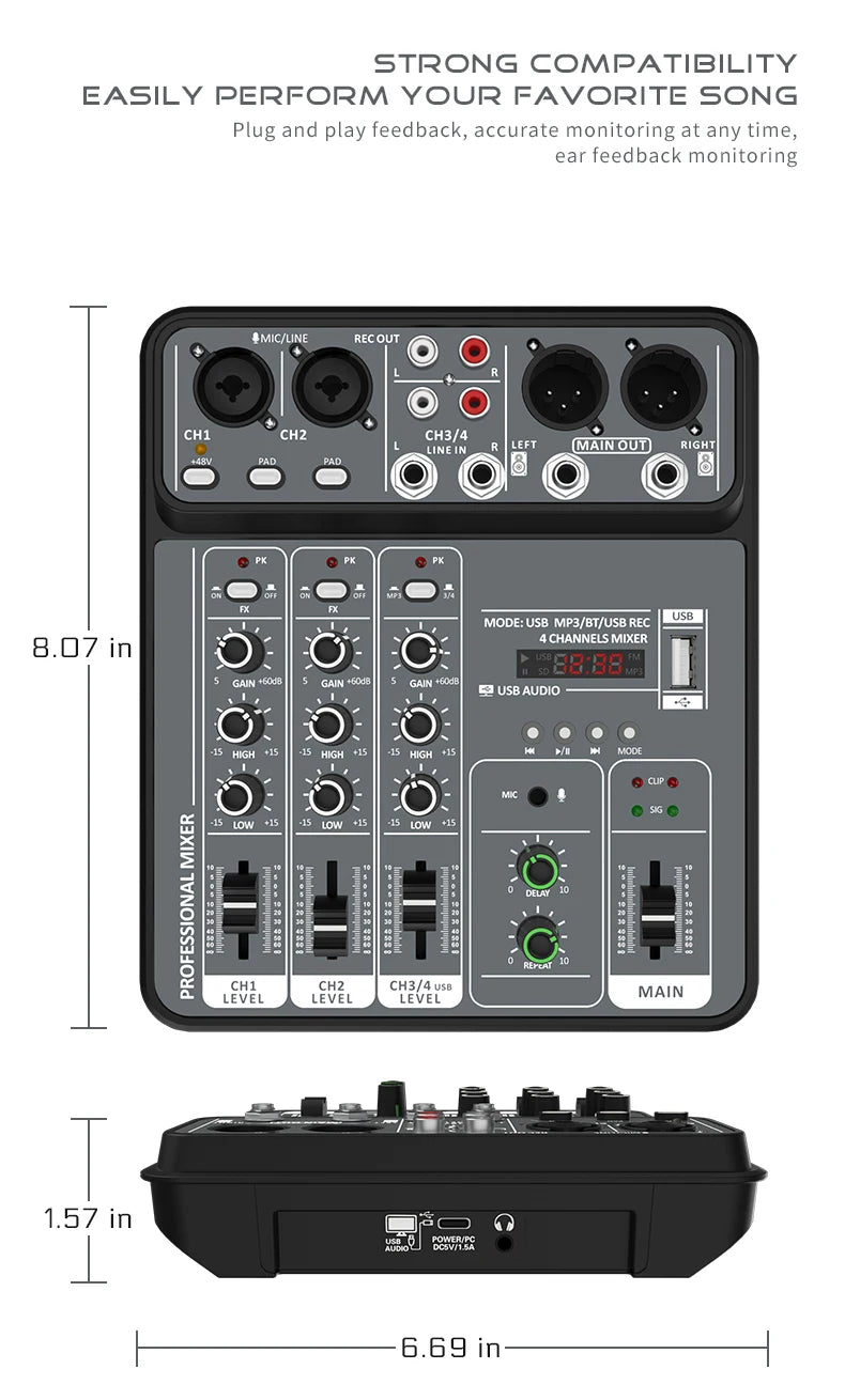 4 Channel Audio Mixer With Bluetooth USB And 48V Phantom Power