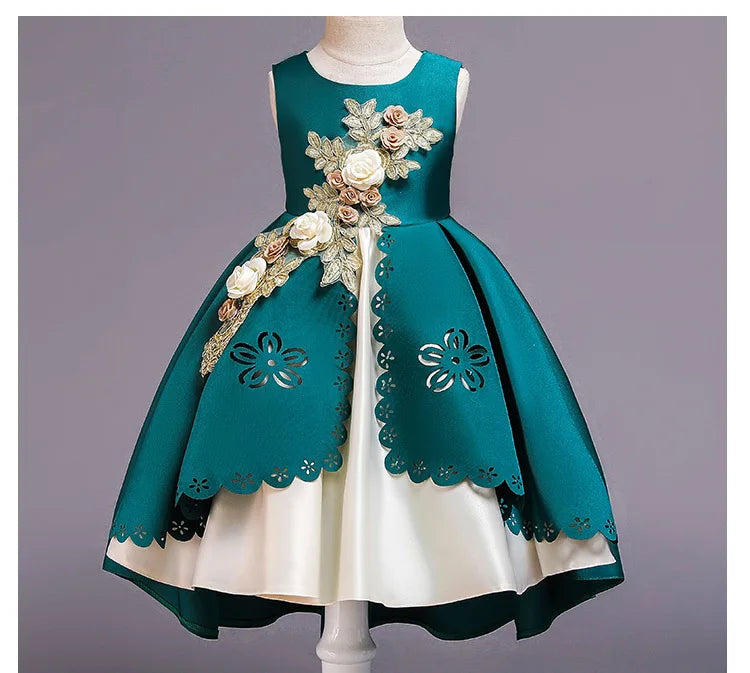 Girls Summer Princess Dress - Sleeveless Tulle Tutu with Floral Appliques | Kindergarten Performance Outfit, Birthday Party Gown