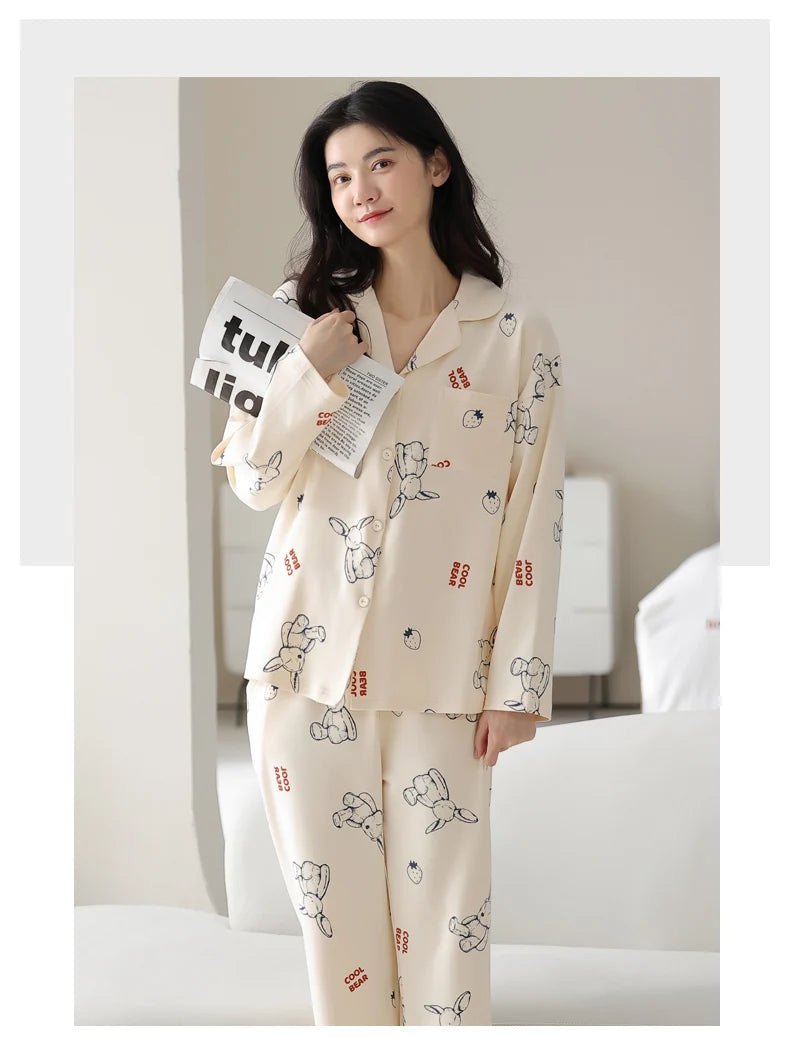 Women’s Winter 100% Cotton Pajama Set – Loose Fit, Turn-Down Collar, Long Sleeves, Cute Pink