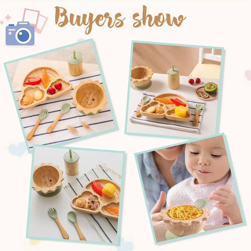 Baby Feeding Tableware Set With Silicone Suction Cups Kid Dinnerware Bowl Plate Fork Spoon Cup Baby Bamboo Feeding Supplies Gift