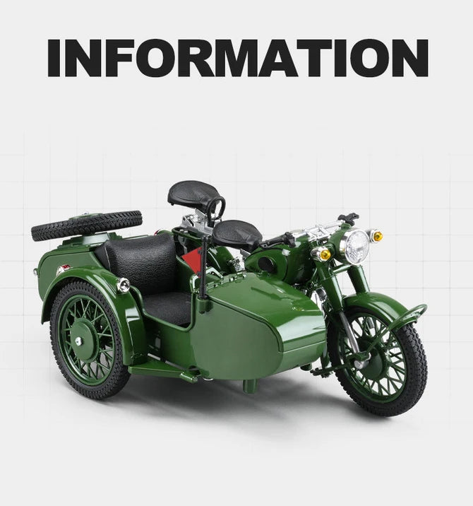 1/10 Alloy Retro Tricycle Side-car Motorcycle Model Diecast Metal Classic Military Motorcycle Model Sound and Light Toy Gift