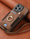 Luxury PU Leather Phone Case for iPhone 16 15 Pro Max 16e 14 Plus with Card Slot Ring Buckle Lanyard Back Cover