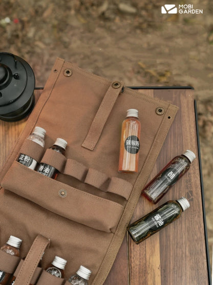 Portable Seasoning Bottle Storage Bag for Outdoor Picnic Condiment Bottle Canvas Bag with 10 PET Bottles