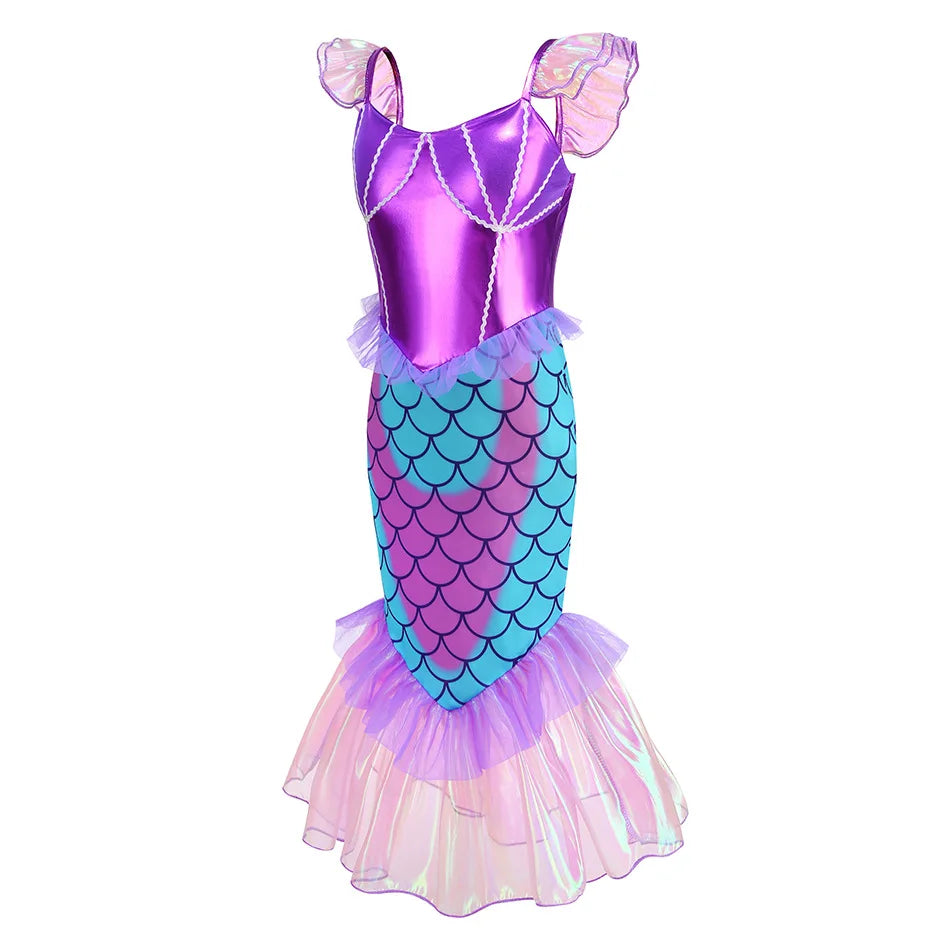New Blue Red Purple Three Colors Mermaid Flying Sleeve Fishtail Beautiful Dress For Girl Summer Beach Party Cool Gown