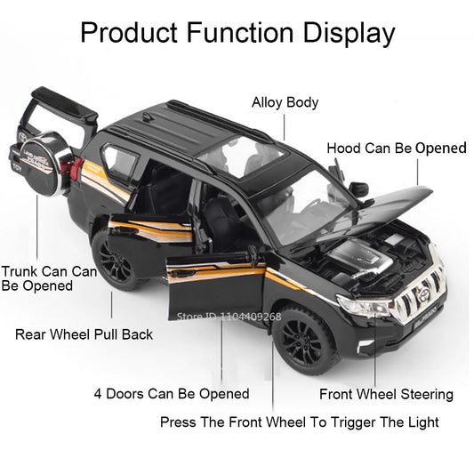 1:32 Scale Land Cruiser Prado Toy Police Car Model Metal Diecast Simulation Vehicles Pull Back Toys Collection Birthday Gifts
