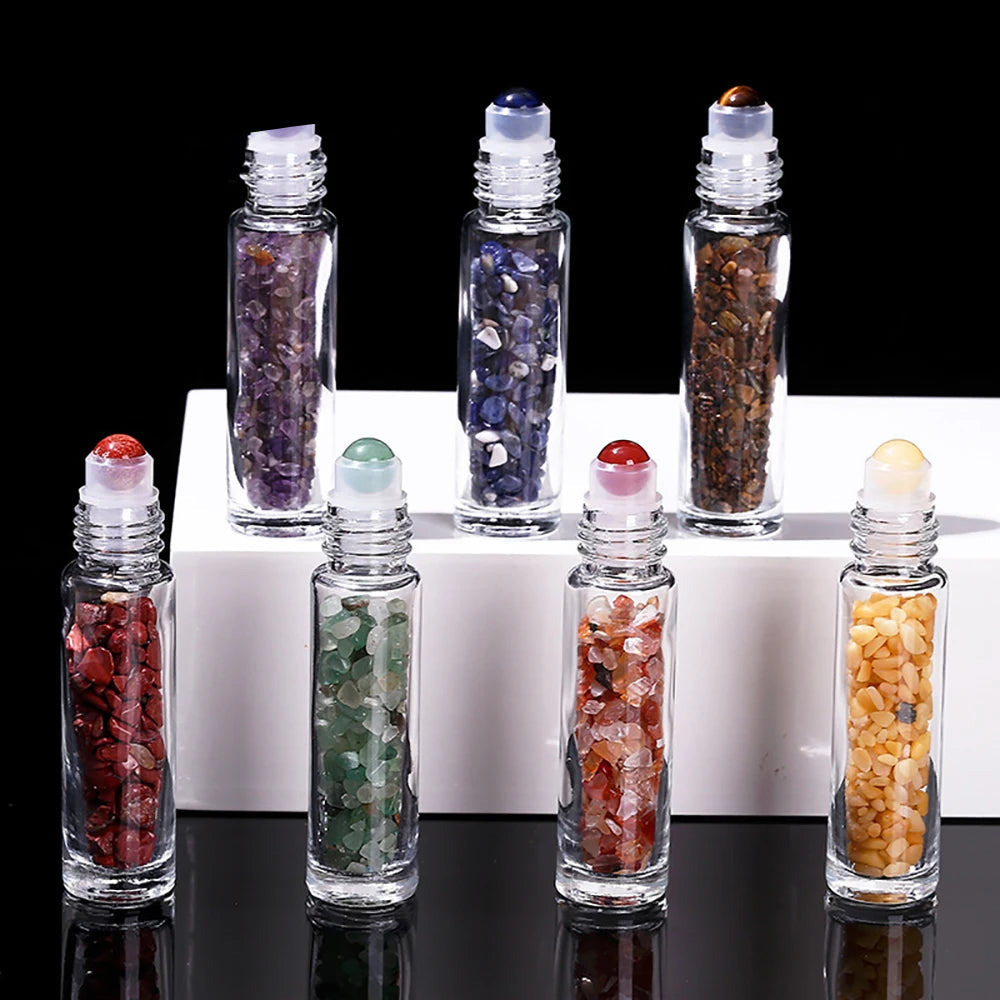10pcs Glass Essential Oil Roller Bottles with Natural Gemstone Chips Refillable Roll-On Healing Crystal Bottles for Aromatherapy