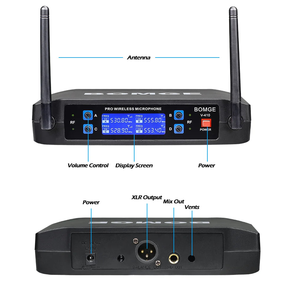 4 Channel Wireless Microphone System with Handheld Dynamic Mics and Long Range
