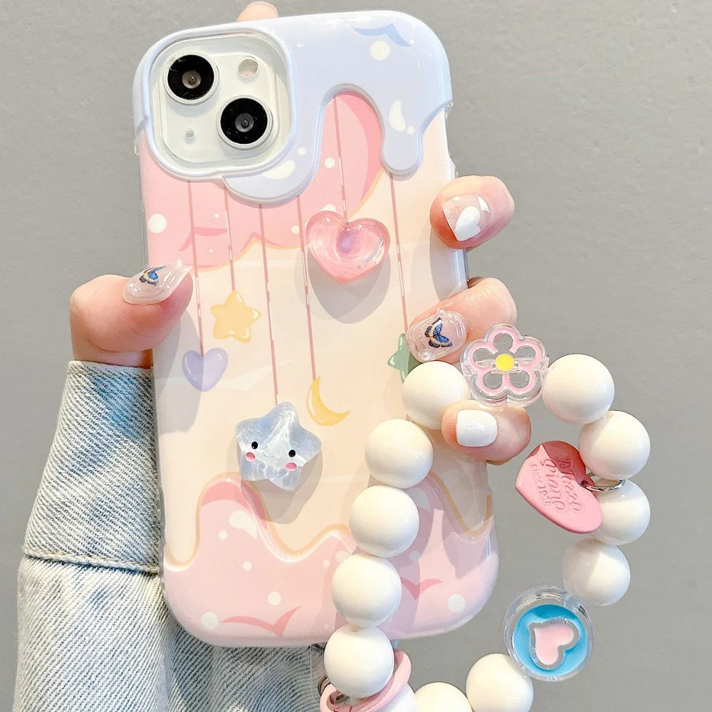 Cartoon 3D Heart Star Ice Cream Bead Strap Phone Case For iPhone 15 13 14 Pro Max Plus INS Lovely Soft Silicone Back Cover