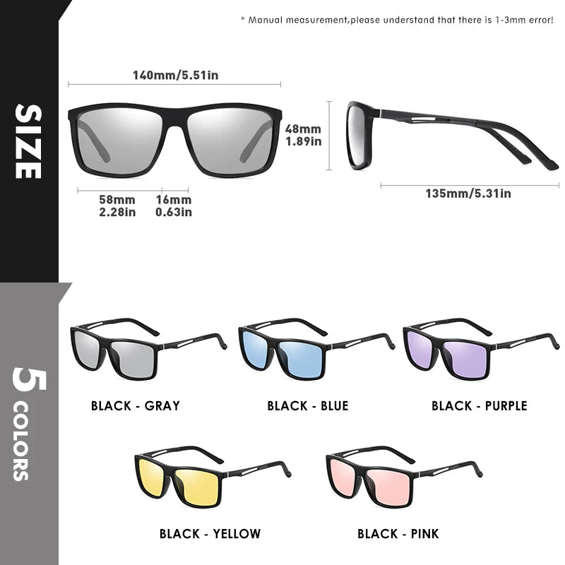 Square Retro Photochromic Polarized UV400 Purple Lens Sunglasses for Men Women