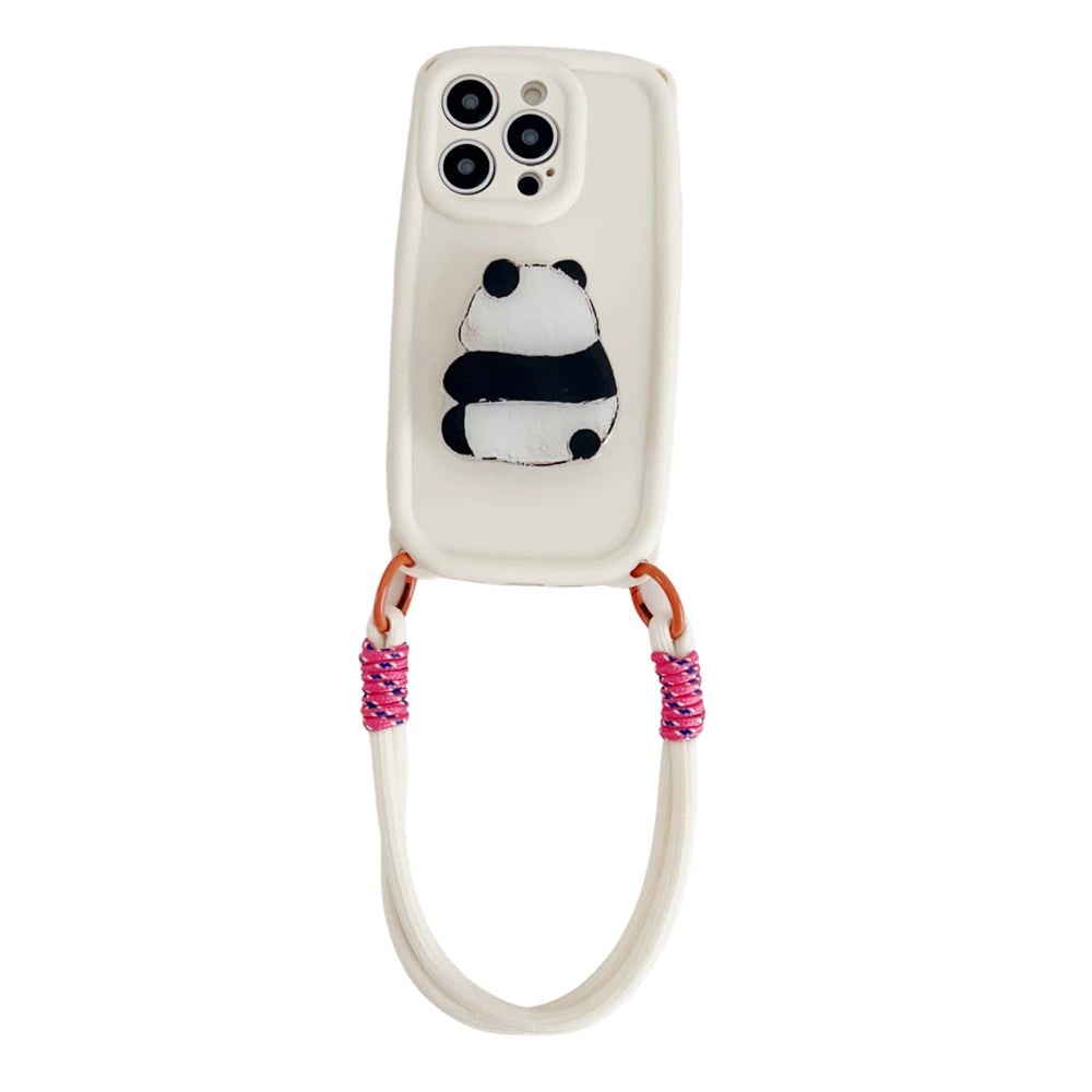 Cute 3D Cartoon Panda Grip Holder Lanyard Phone Case For iPhone 15 14 13 Pro Max Strap Lens Protection Silicon Soft Cover