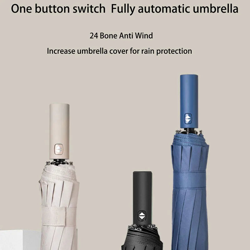 Reinforced 24 Bone Folding Umbrella Strong Wind Resistant Automatic Open Close Sun Rain Protection