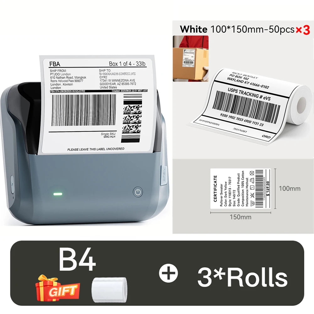 B4 Thermal Label Printer, Wireless Bluetooth Label Maker 20–110mm, Portable Barcode & Shipping Label Printer for Business & Office
