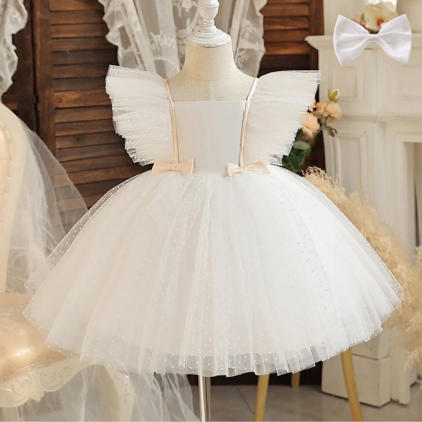 Girls Flying Sleeves Polka Dot Mesh Princess Dress Children Performance Fluffy Costume for Christmas New Year Party