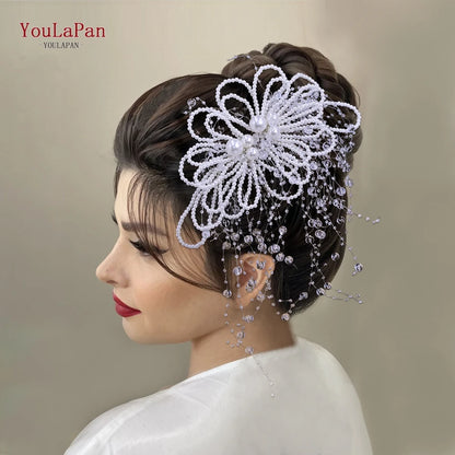 Pearl Flower Wedding Hair Comb Tassel Bride Headband Hair Accessories