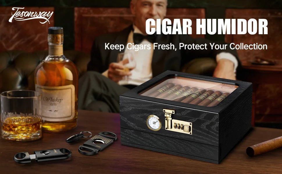Cigar Humidor Cedar Wood Humidor Cigar Box Glass Top Desktop Humidor with Front Hygrometer Humidifier Divider Accessories Drawer