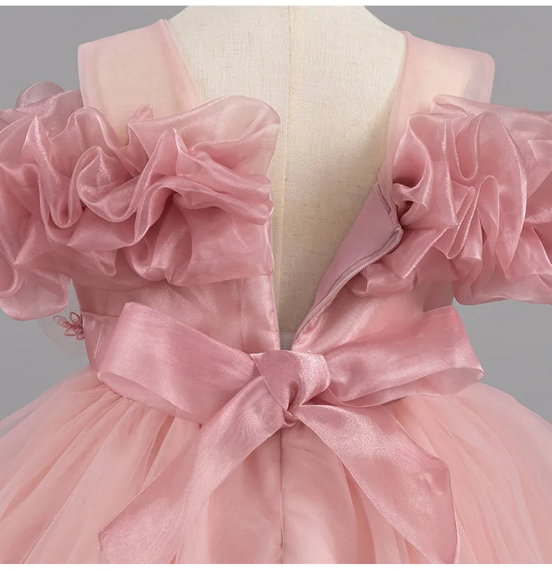 Luxury Off-Shoulder Girls' Dress - Convertible Tulle Ball Gown for Birthday Parties & On-Stage Events