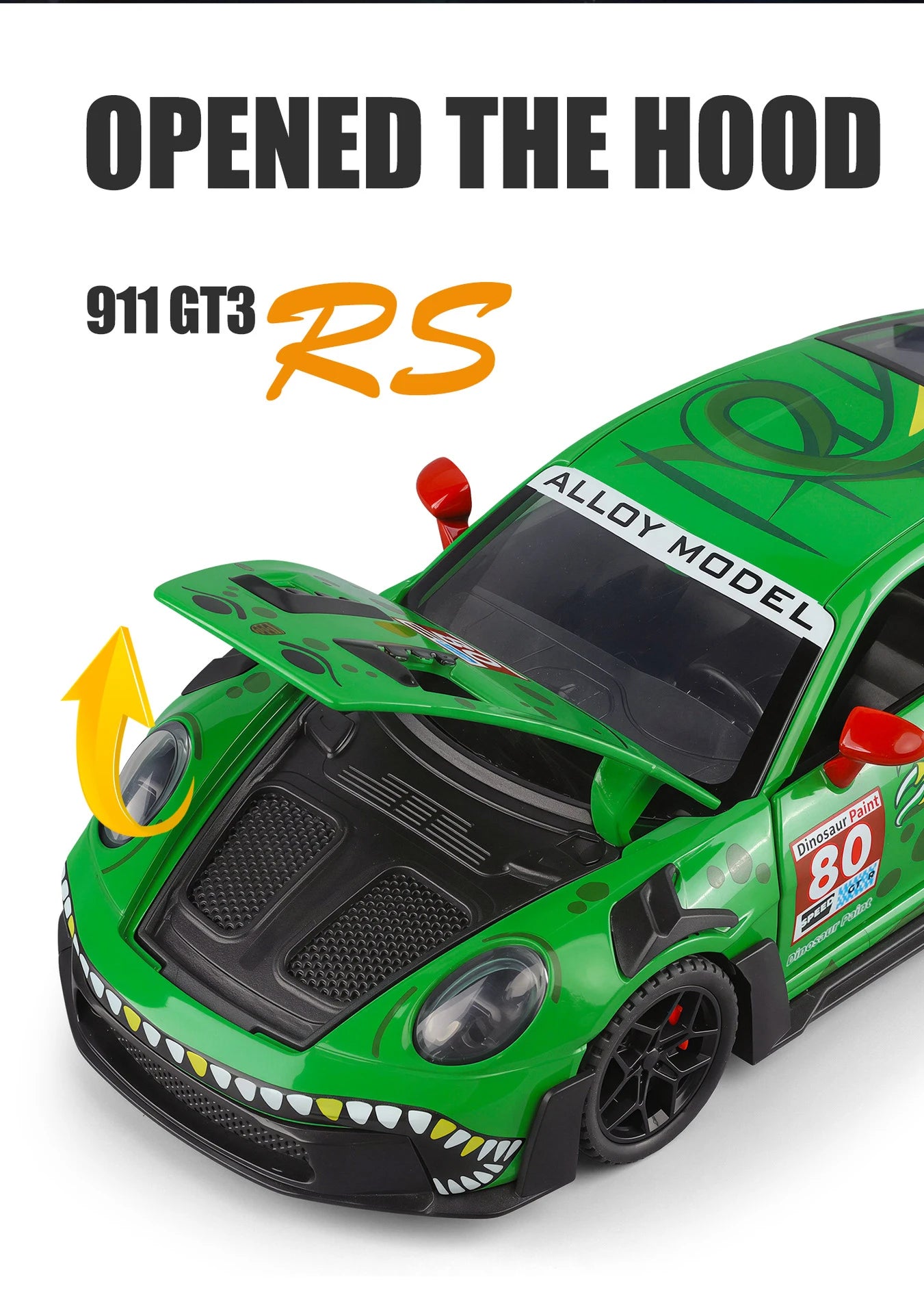 1 32 Scale 911 GT3 RS Dinosaur Modified Diecast Pull Back Model Car with Sound and Light