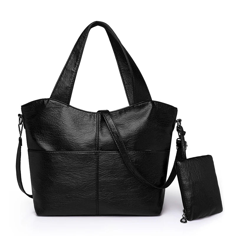 Big Black Shoulder Bags Large Soft Leather Crossbody Handbag Travel Tote Bag