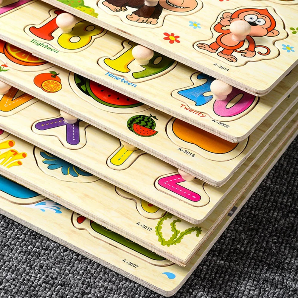 Montessori Wooden Puzzles Hand Grab Boards Toys Tangram Jigsaw  Educational Toys Cartoon Vehicle Animals Fruits 3D Puzzles