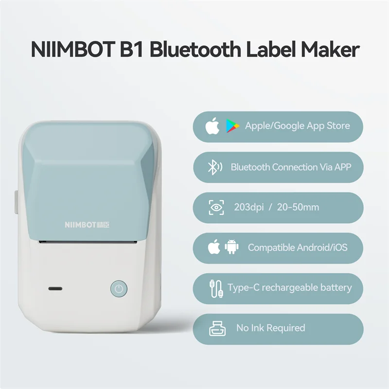 B1 Thermal Label Printer, Bluetooth Portable Sticker Maker 20–50mm, Inkless Barcode Price Tag Label Machine for Business & Food