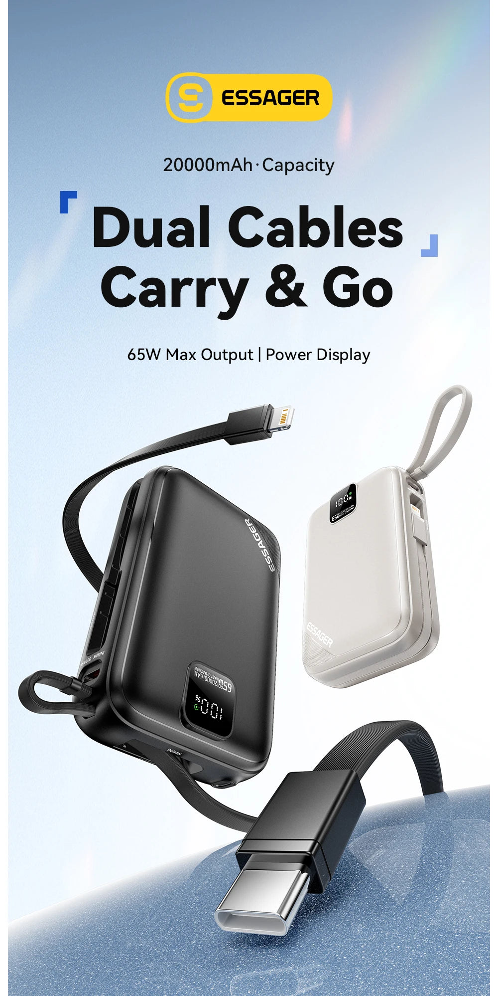 20000mAh 65W Power Bank PD Fast Charging USB-C Portable Charger with Built-in Cables & Digital Display