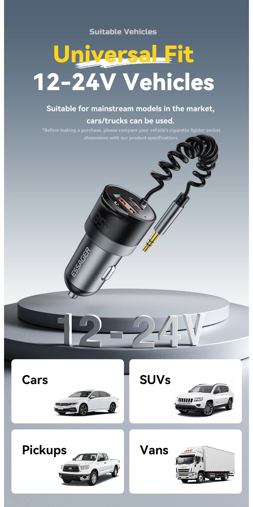 Bluetooth 5.3 Car Charger AUX Adapter PD 35W QC 30W Fast Charging USB C + USB with 3.5mm Audio
