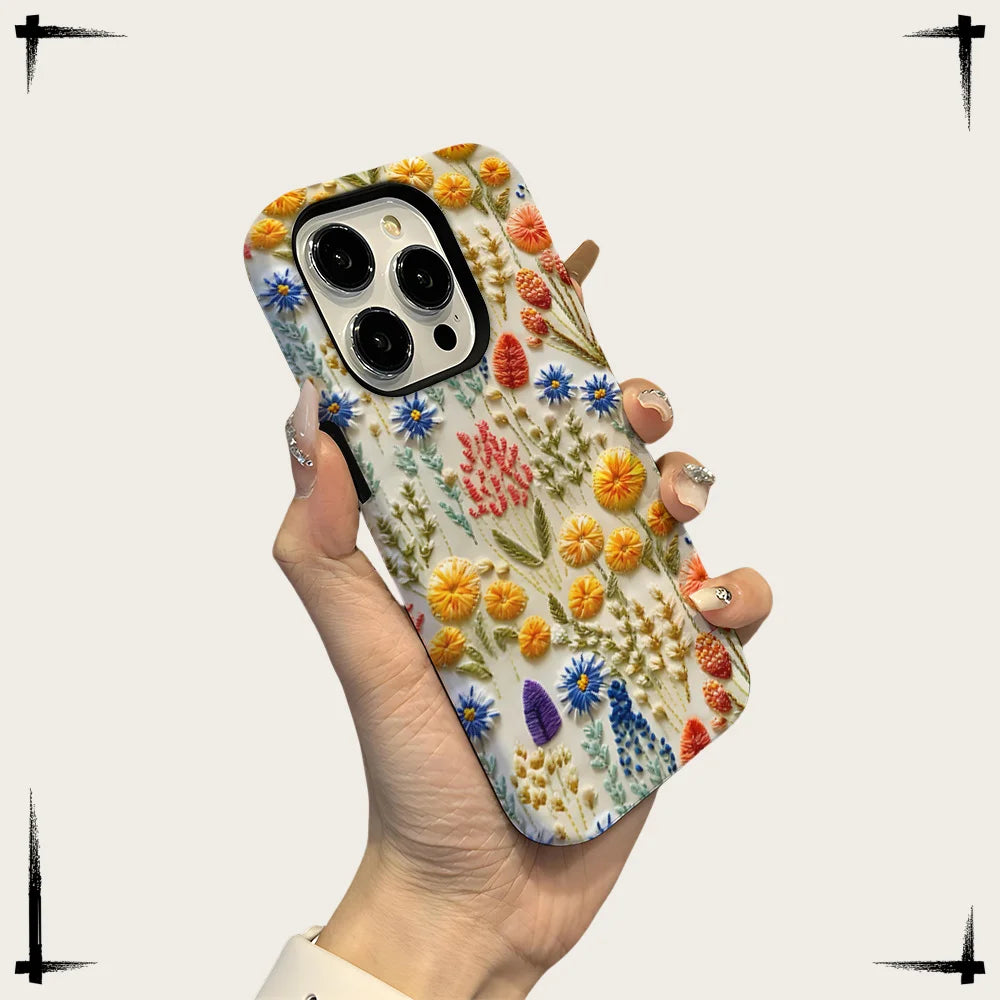 Wildflower Boho Embroidery Effect Flower Case for iPhone 16 15 Pro Max 14 Plus Protective 2 in 1 Double Deck Cover
