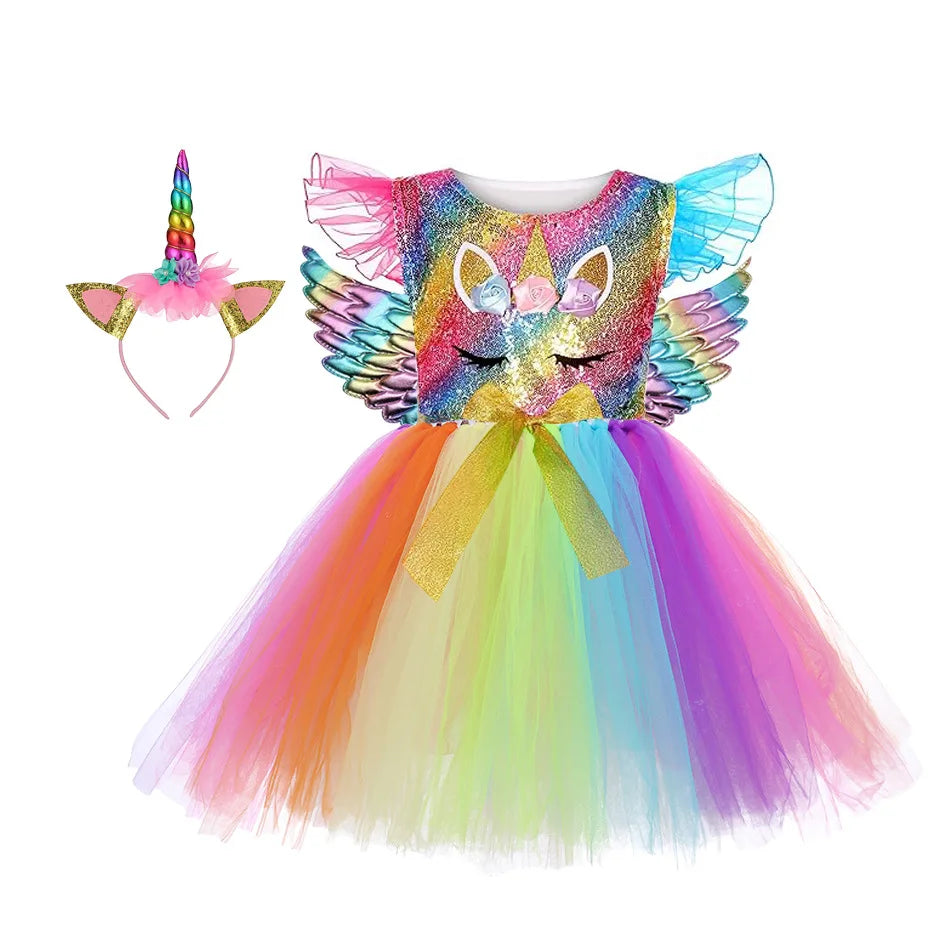 Unicorn Princess Tutu Dress with Flutter Sleeves and Sequin Tulle