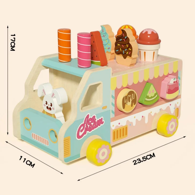 Wooden Rabbit Ice Cream Truck Shape Sorter and Pretend Play Toy