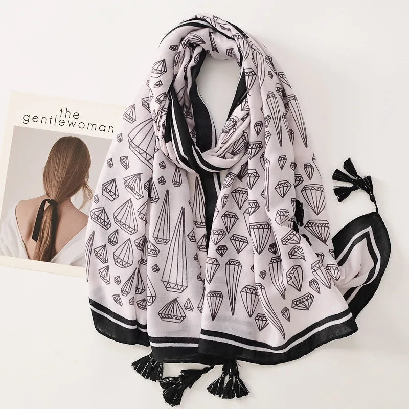 Beige Coffee Scarf Luxury Thin Women Scarves Spring Floral Hijab Veils Soft Cotton Shawl Wrap Tassel Viscose Muslim Woman Hijab