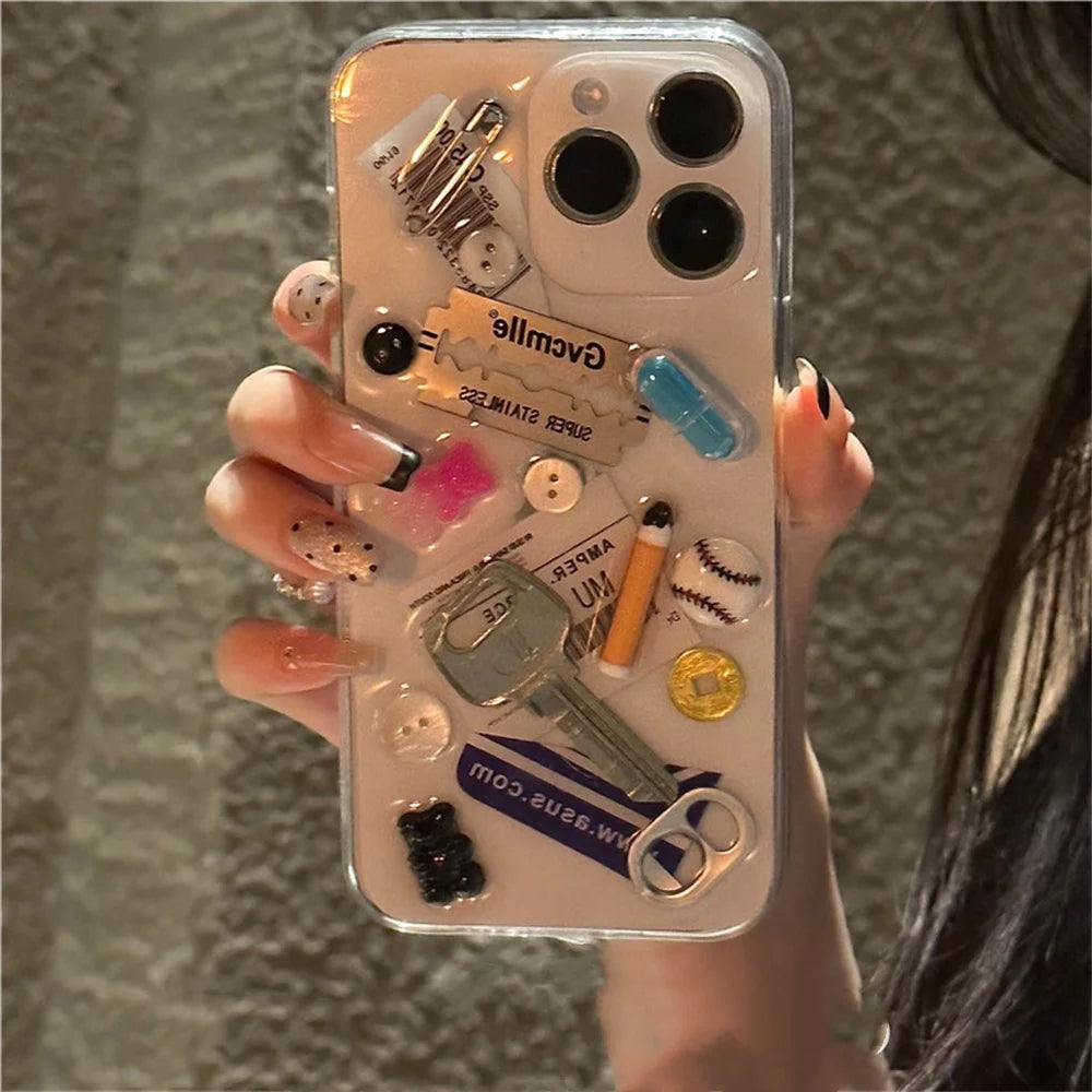 INS Junk Blade Pin Button Key Clear Phone Case For iPhone 16 15 13 14 Pro Max Plus Baseball Label Lens Protect Soft Cover