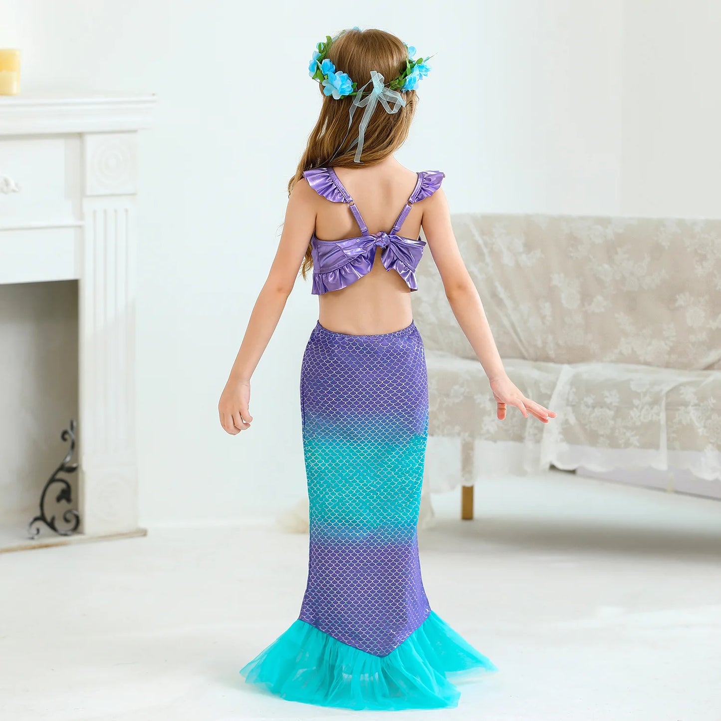 Mermaid Princess Dress Cosplay Party Costume Mid Calf Gown