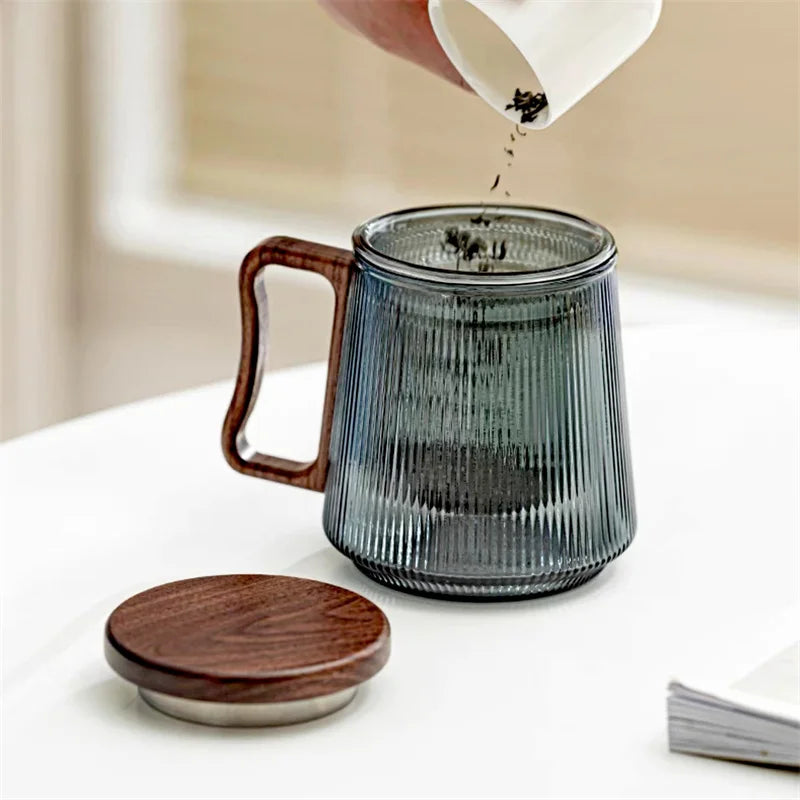 500ML Stripe Heat Resistant Glass Tea Water Separation Tea Cup With Wood Handle Filter Brewing Puer Cups Kung Fu Tea Mug Set
