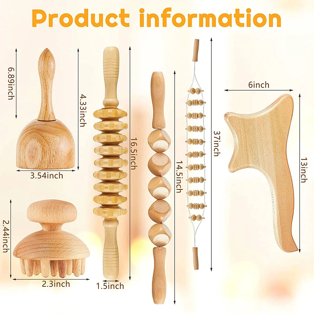 6 In 1 Wood Therapy Massage Tool Lymphatic Drainage Massager Anti Cellulite Fascia Massage Roller for Full Body Muscle