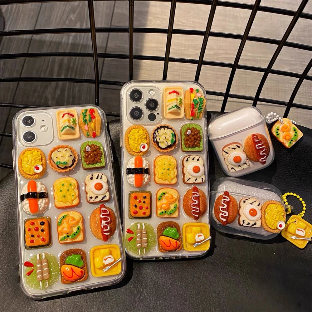 Cute 3D Food Doll Sandwich Sushi Clear Case For iPhone 16 15 14 13 Pro Max Plus Funny Hot Dog Soft Silicon Back Cover