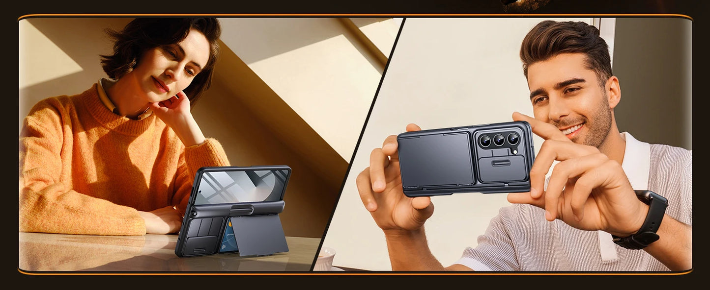 For Z Fold 6 Case with Secure Card Holder Sliding Camera Cover Rugged Hinge Protection Wallet Phone Case Glass Screen Protector