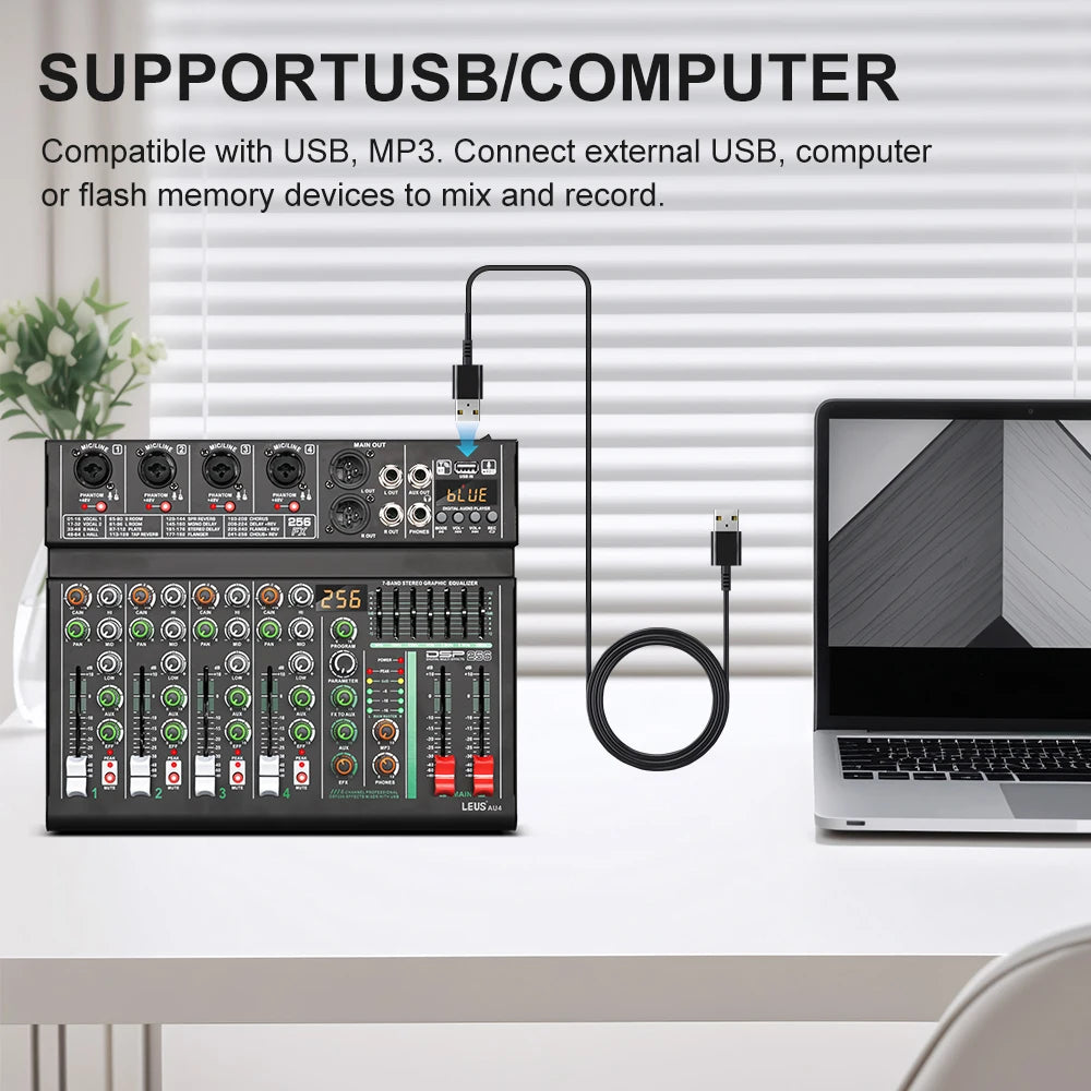 LEUS AU4 Channel 256 DSP Effect Audio Mixer Record PC 48V Phantom Power USB Sound Mixers Bluetooth DJ Console Mixing for Karaok