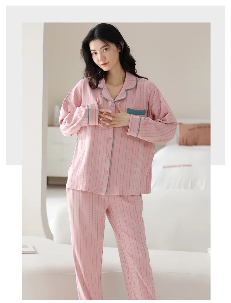 Women’s Winter 100% Cotton Pajama Set – Loose Fit, Turn-Down Collar, Long Sleeves, Cute Pink
