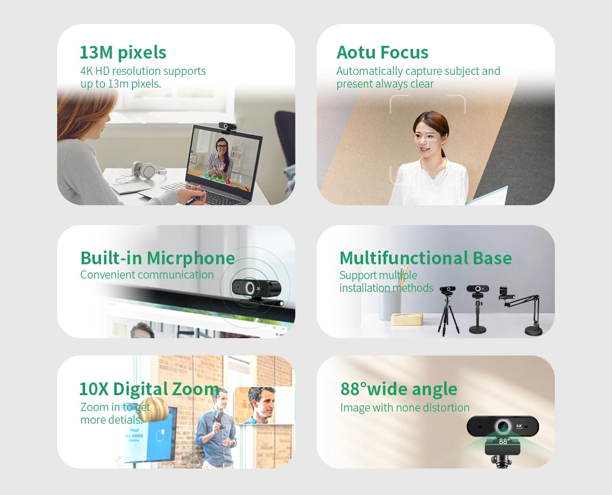 4K Webcam 13MP 10X Zoom USB Camera Autofocal Microphone Web Cam for PC Living Video Conference Online Teaching Laptop Broadcast