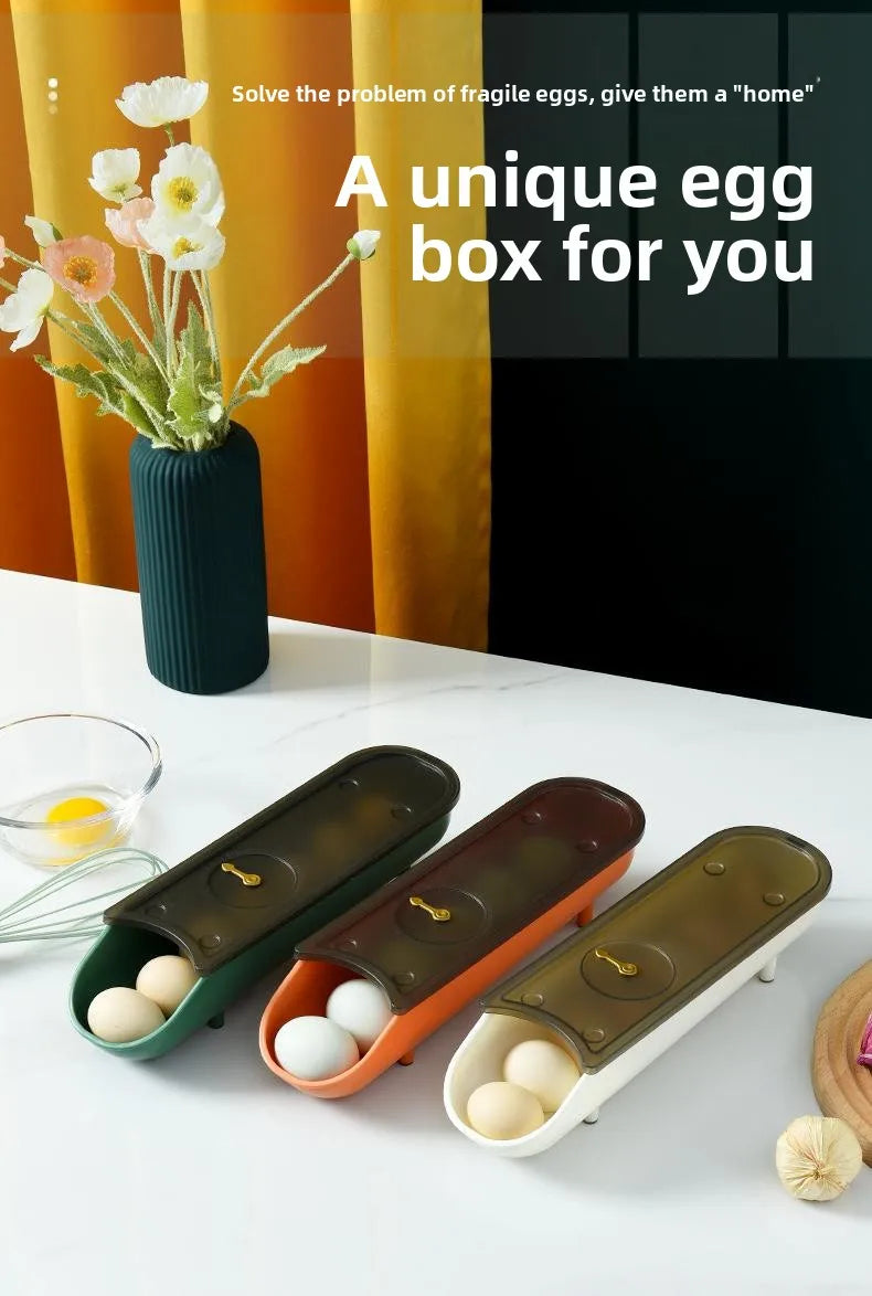 Refrigerator Egg Tray with Stable Timer & Cover – Automatic Egg Storage Box Home Food Organizer