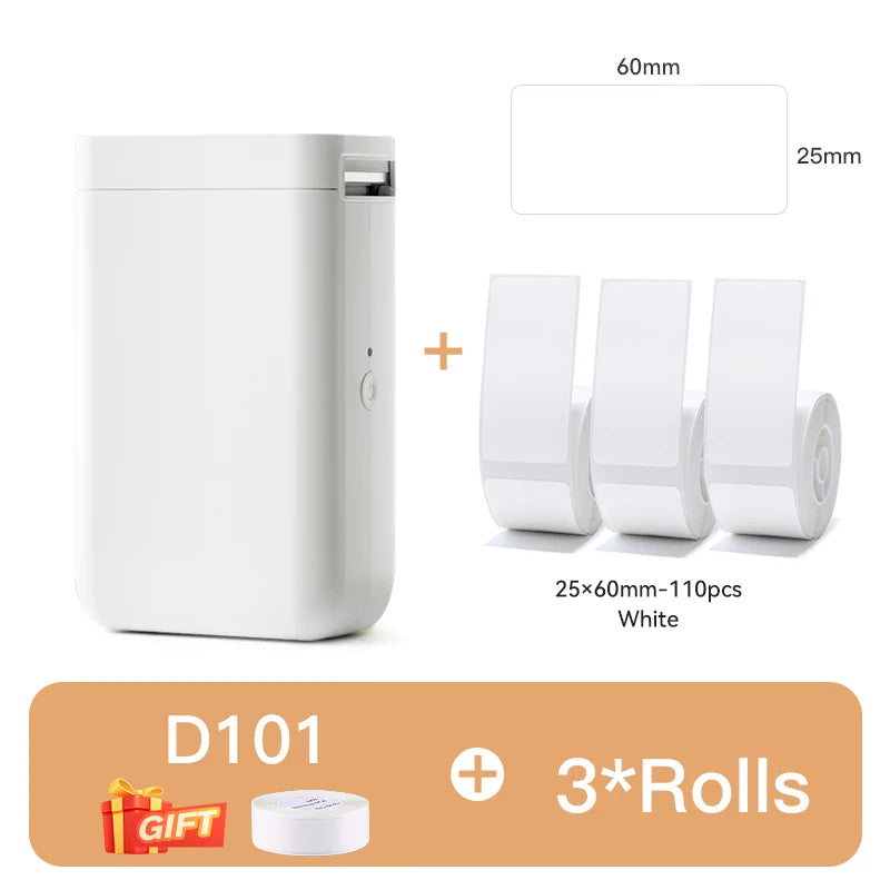 D101 Mini Thermal Label Printer, Portable Bluetooth Inkless Label Maker (10–25mm), Rechargeable Type-C for Home, Office & Business